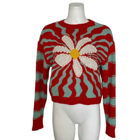 Zara Daisy Flower Sweater S Red Blue Crewneck Long Sleeve Pullover Knit Retro - Picture 1 of 12